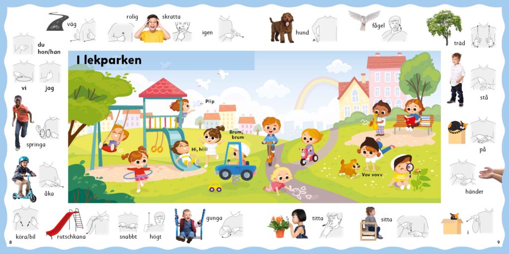 Uppslag ur "Språkbadarboken" som visar barn som leker i en lekpark. Det finns bilder och teckenstöd runtomkring bilden som beskriver vad som händer på bilden.