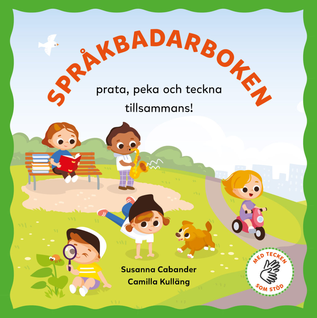 Framsida av boken "Språkbadarboken". Visar en illustrerad framsida med barn som leker.